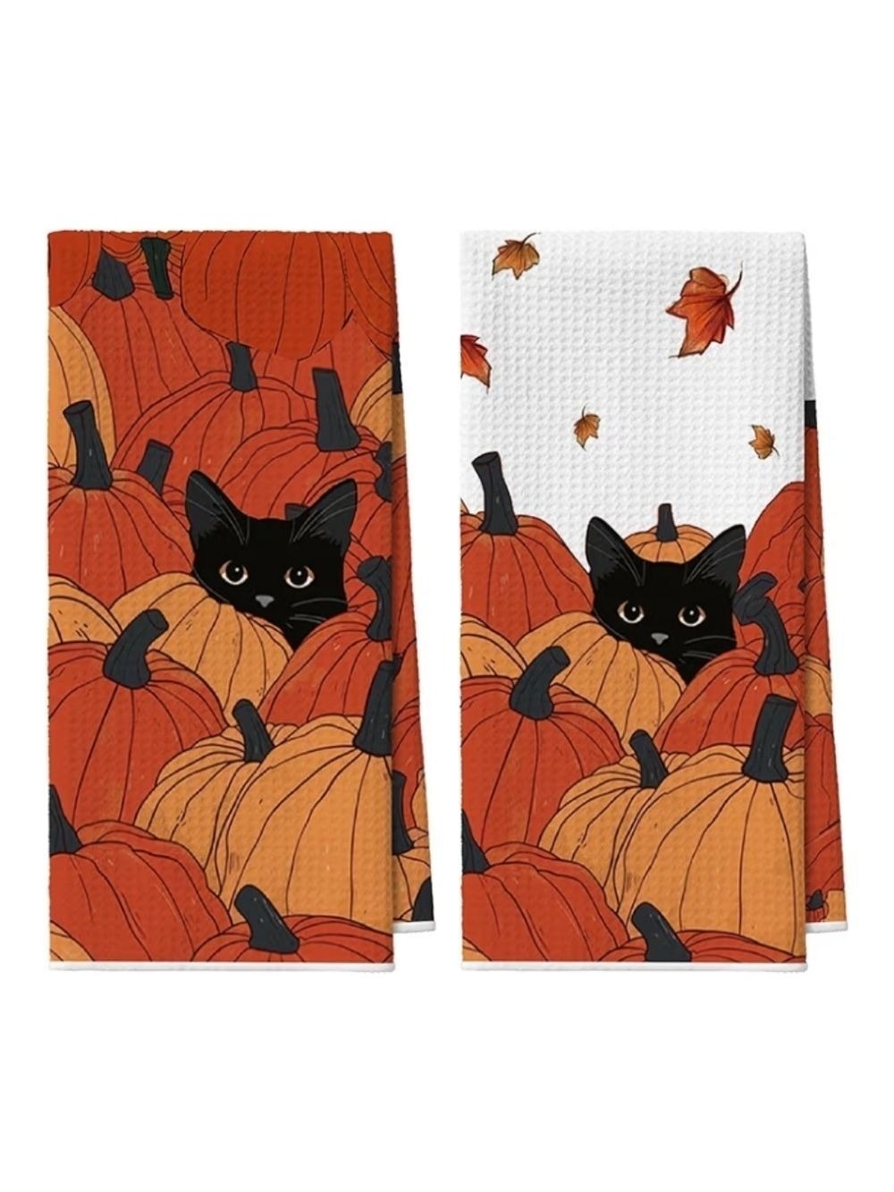 2/$20 Black Cat in Pumpkin Patch Kitchen Towels - Orange & Black